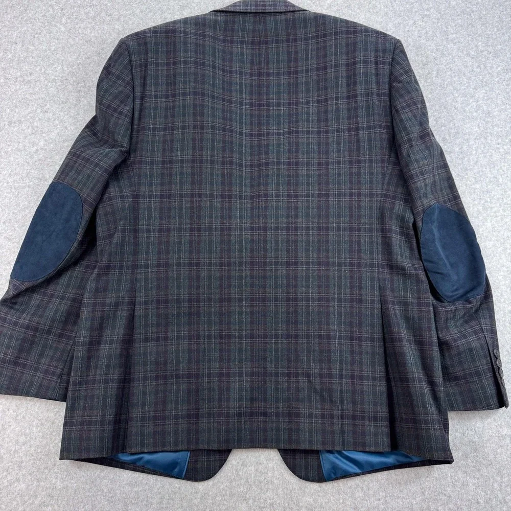 Perry Ellis Portfolio Blazer Mens 44R Gray Plaid Cotton Elbow Patch Sport Coat‎